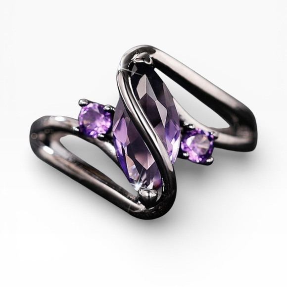 Marquise Cut Amethyst Gemstone Crystal Ring in Black Gold • Size 6.5